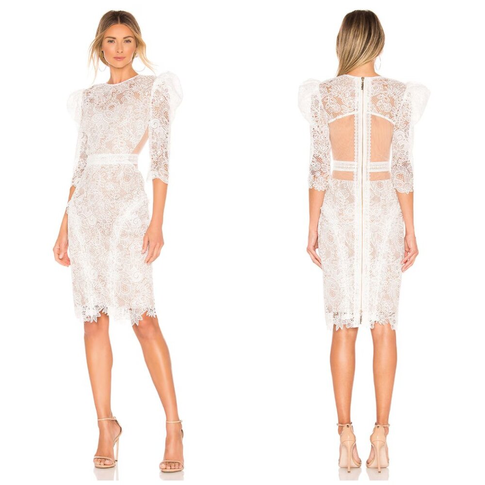 Bronx and Banco Madeleine Dress White Lace Puff Sleeve Wedding Bridal Midi Large